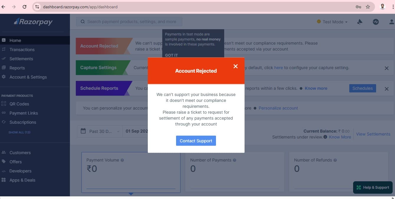 Payment Gateway Rejection Screenshot